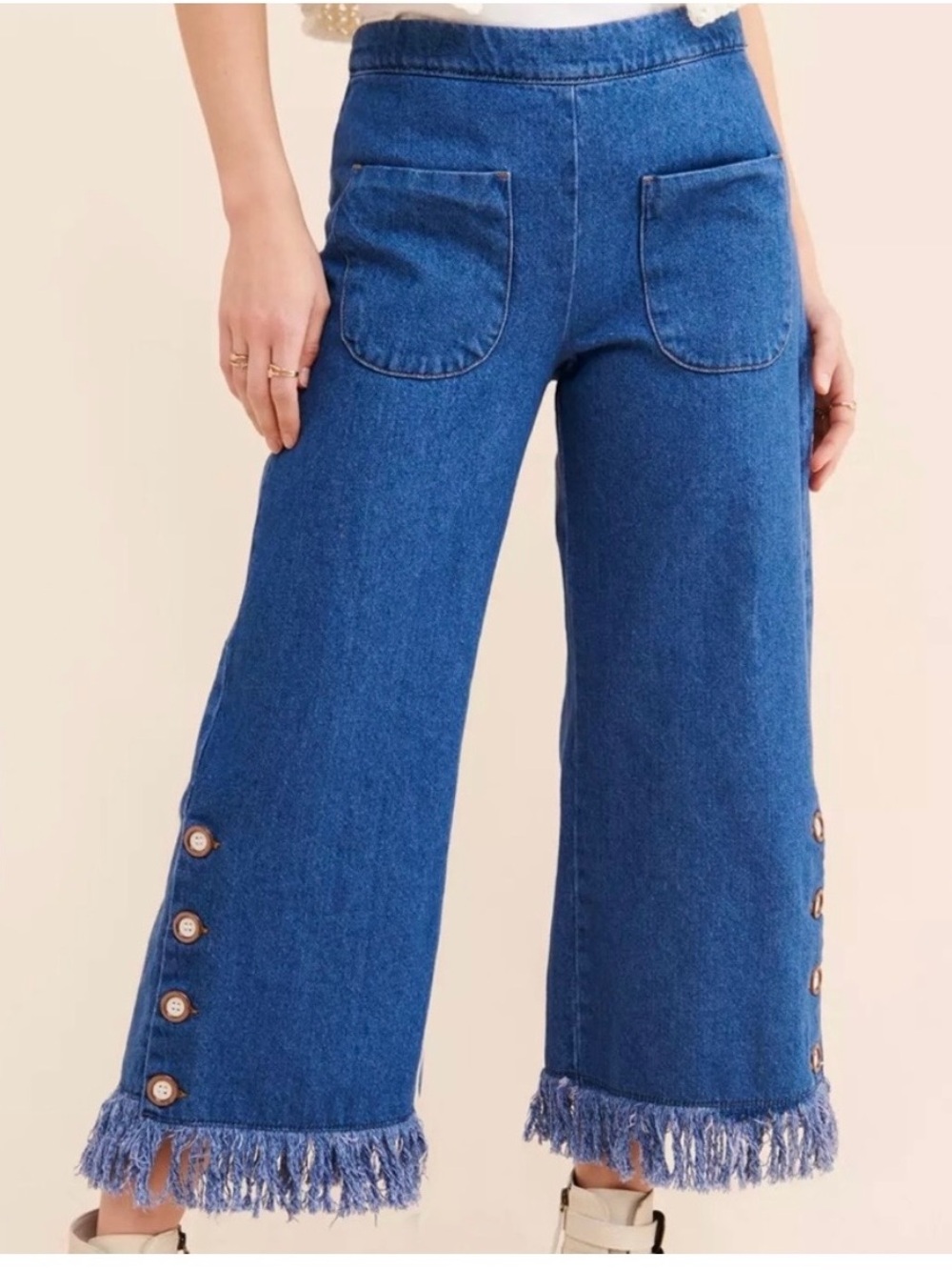 Azulu Fringe Hem Wide leg Boho Festival 100% cotton Denim fun Jeans Size 8 NWT